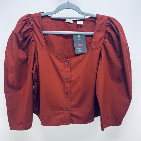 Levi’s Women’s Ellora Fired Brick Puff Sleeve Button Up Blouse Brown Size L - Picture 2 of 12